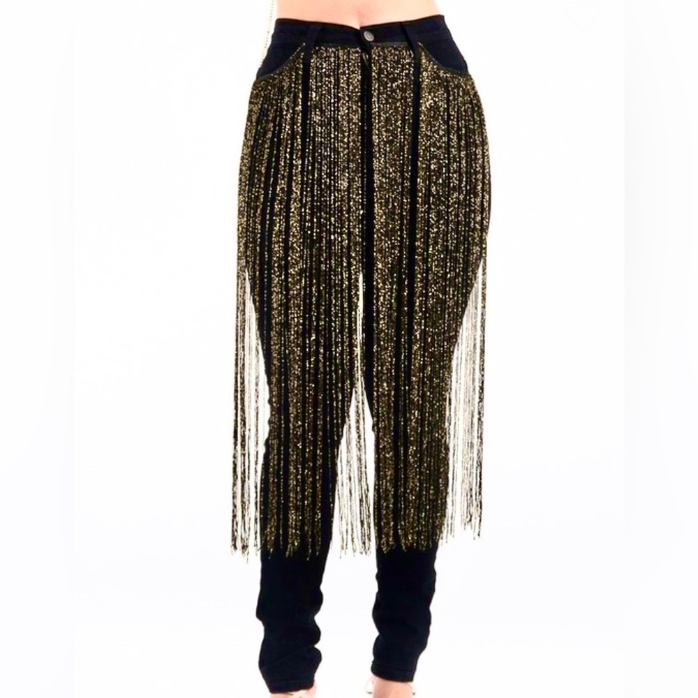 Black High Waist Skinny Jeans Gold Glitter Fringe Festival Party Night Out
